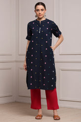Navy Blue Printed Kurta with Red Pants
