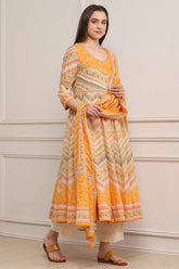 Beige Floral Printed Anarkali Kurta Set