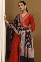 Rust Red Kurta with Black Printed Dupatta