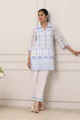 White & Blue Floral Embroidered Kurta Set
