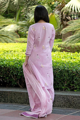 Bird Printed Cotton Kurta And Pant Set With Dupatta