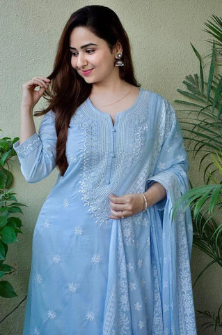 Blue Embroidered Straight Kurta Set with Pants & Dupatta