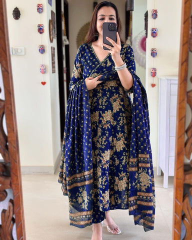Anarkali Kurta Set With Angrakha Style For Women( Blue )