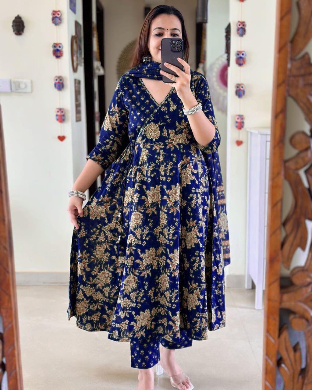 Anarkali Kurta Set With Angrakha Style For Women( Blue )