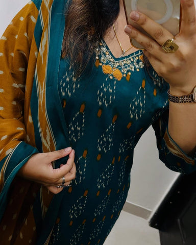 Premium Ajrak Cotton Suit Set – Teal & Mustard Ikat Print | Kurti, Pant & Dupatta