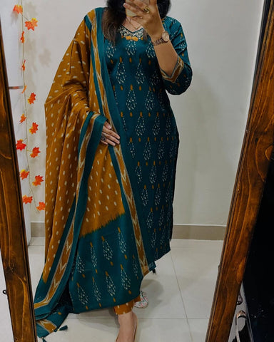 Premium Ajrak Cotton Suit Set – Teal & Mustard Ikat Print | Kurti, Pant & Dupatta