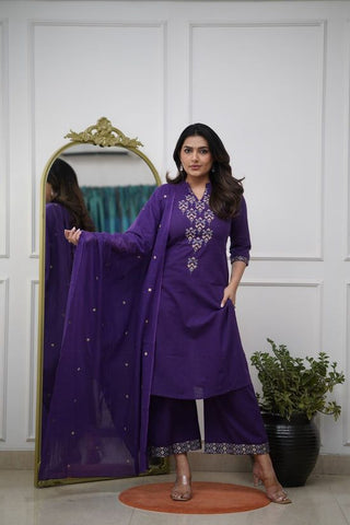 Kurta A-Line kurta set with Cotton Plazzo & Malmal Dupatta with  embroidery work