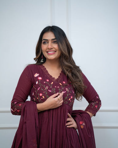 Wine Floral Hand-Embroidered Anarkali Set