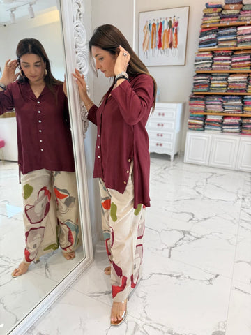 Wine Button-Down Tunic with Abstract Print Palazzo Pants