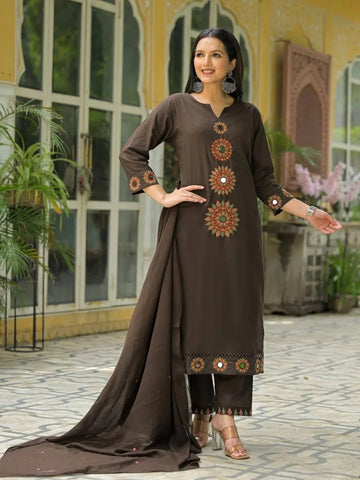 Elegant Chocolate Brown Embroidered Kurta Set with Dupatta