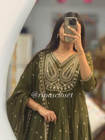 Elegant Olive Green Embroidered Anarkali Suit Set with Dupatta