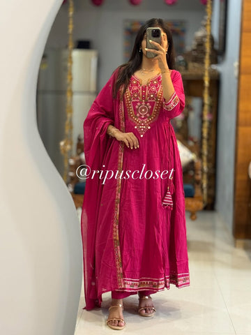 Elegant Crimson Embroidered Anarkali Suit Set with Dupatta