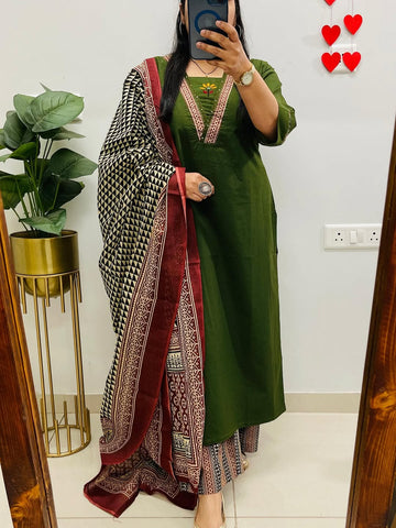 Graceful Olive Green Kurta Set with Printed Dupatta & Ethnic Pants