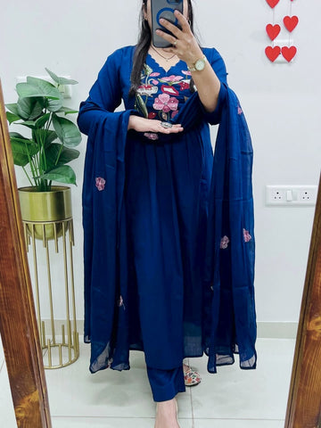 Elegant Teal Blue Floral Embroidered Kurta Set with Dupatta