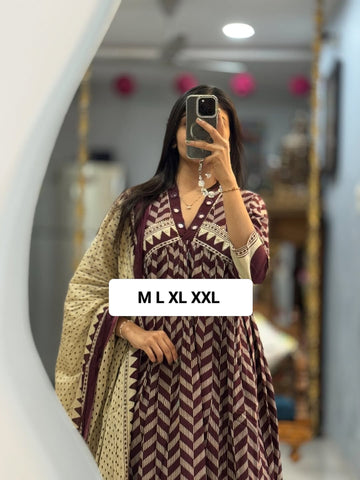 Elegant Wine Printed Anarkali Kurta Set with Dupatta