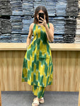 Vibrant Green & Mustard Ikat Sleeveless Kurta Set