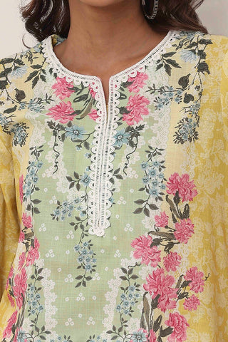 Yellow & Green Floral Printed Short Kurti