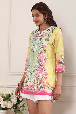 Yellow & Green Floral Printed Short Kurti