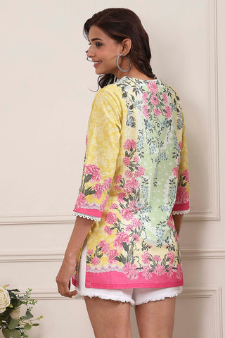 Yellow & Green Floral Printed Short Kurti