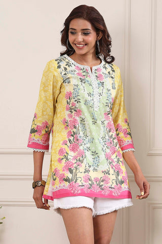 Yellow & Green Floral Printed Short Kurti