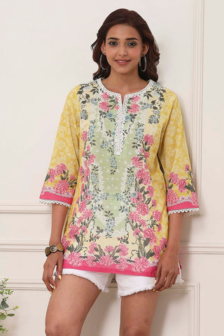 Yellow & Green Floral Printed Short Kurti