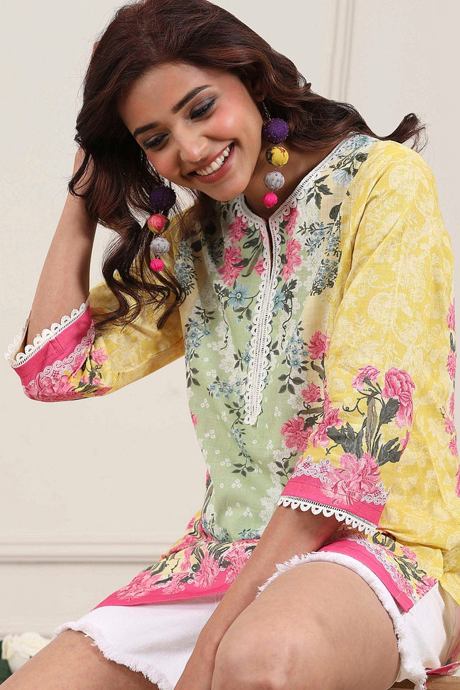 Yellow & Green Floral Printed Short Kurti
