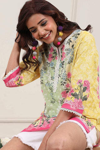 Yellow & Green Floral Printed Short Kurti