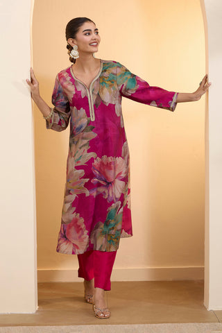 Magenta Floral Printed Kurta Pant Set