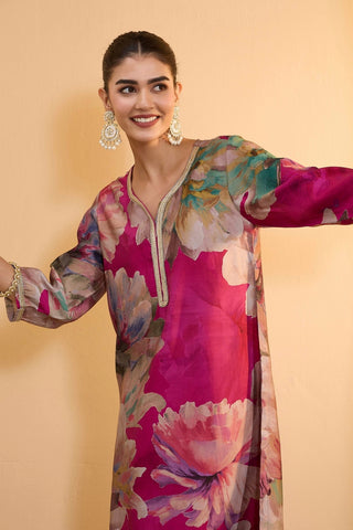 Magenta Floral Printed Kurta Pant Set