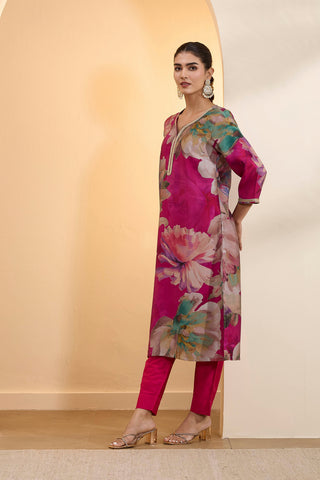 Magenta Floral Printed Kurta Pant Set