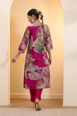 Magenta Floral Printed Kurta Pant Set