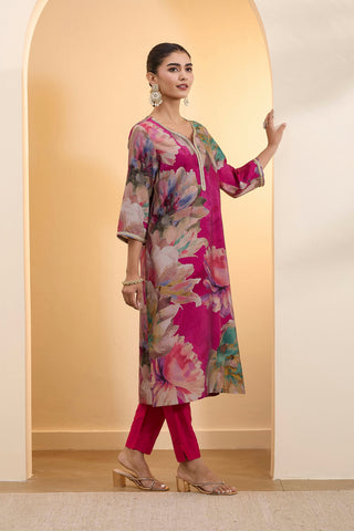 Magenta Floral Printed Kurta Pant Set