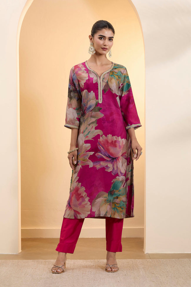 Magenta Floral Printed Kurta Pant Set