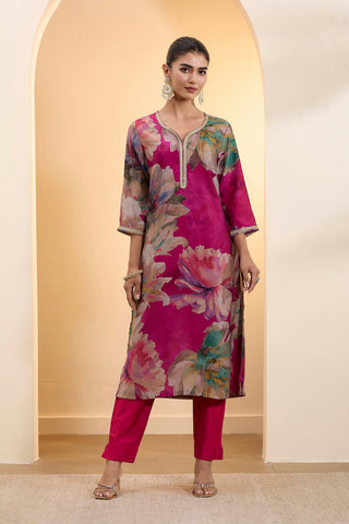 Magenta Floral Printed Kurta Pant Set