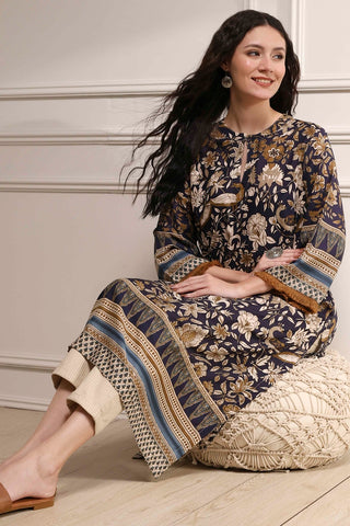 Navy Blue Floral Printed Kurta