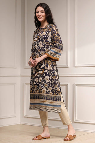Navy Blue Floral Printed Kurta