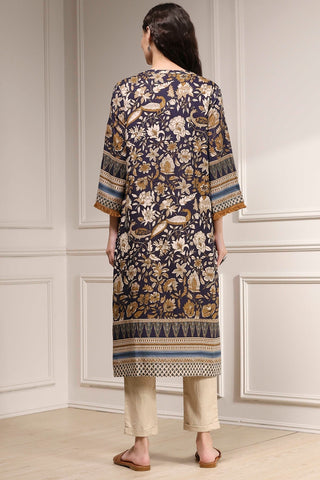 Navy Blue Floral Printed Kurta