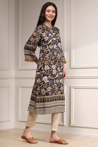 Navy Blue Floral Printed Kurta