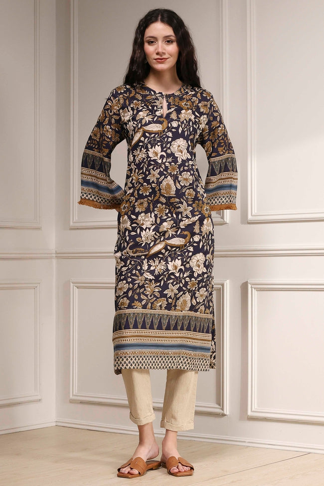 Navy Blue Floral Printed Kurta