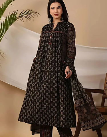 Classic Black Printed Kurta Set with Dupatta