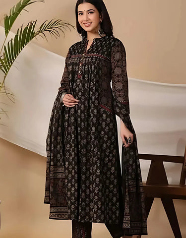 Classic Black Printed Kurta Set with Dupatta