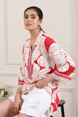 Red & White Floral Printed Short Kurti