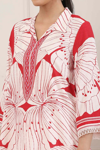 Red & White Floral Printed Short Kurti