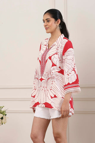 Red & White Floral Printed Short Kurti