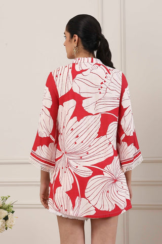 Red & White Floral Printed Short Kurti