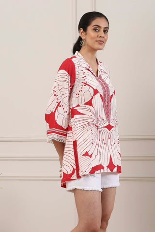 Red & White Floral Printed Short Kurti