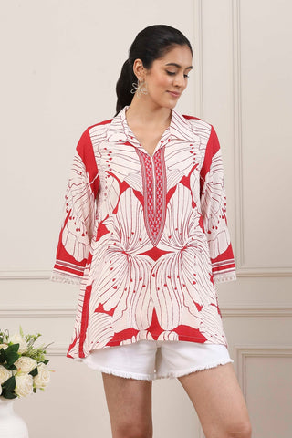 Red & White Floral Printed Short Kurti