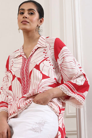 Red & White Floral Printed Short Kurti