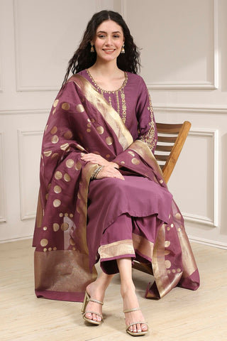 Wine Purple Kurta Pant Set with Printed Dupatta