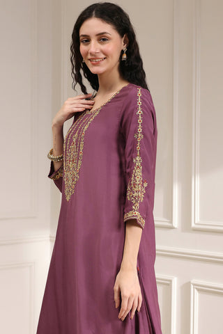 Wine Purple Kurta Pant Set with Printed Dupatta